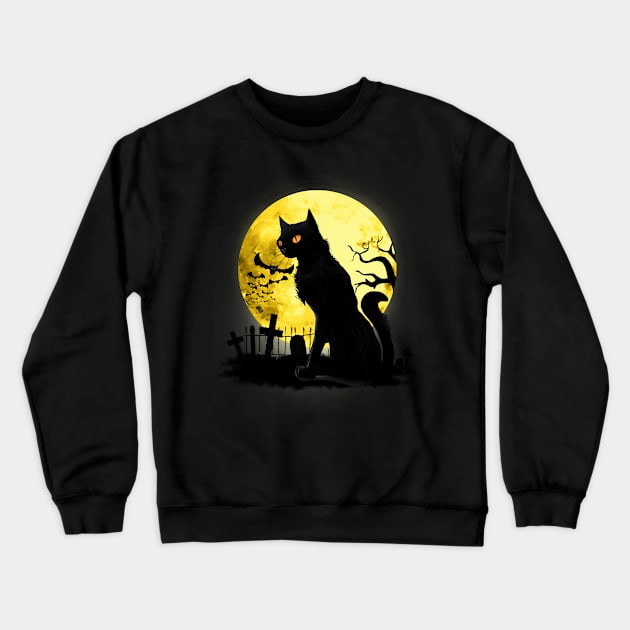 Full moon and black cat dark atmosphere in a scary cemetery Crewneck Sweatshirt by Collagedream